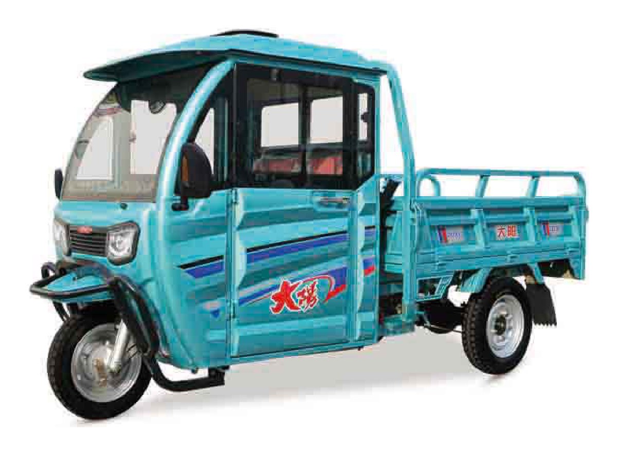 Blue cargo tricycle, open bed